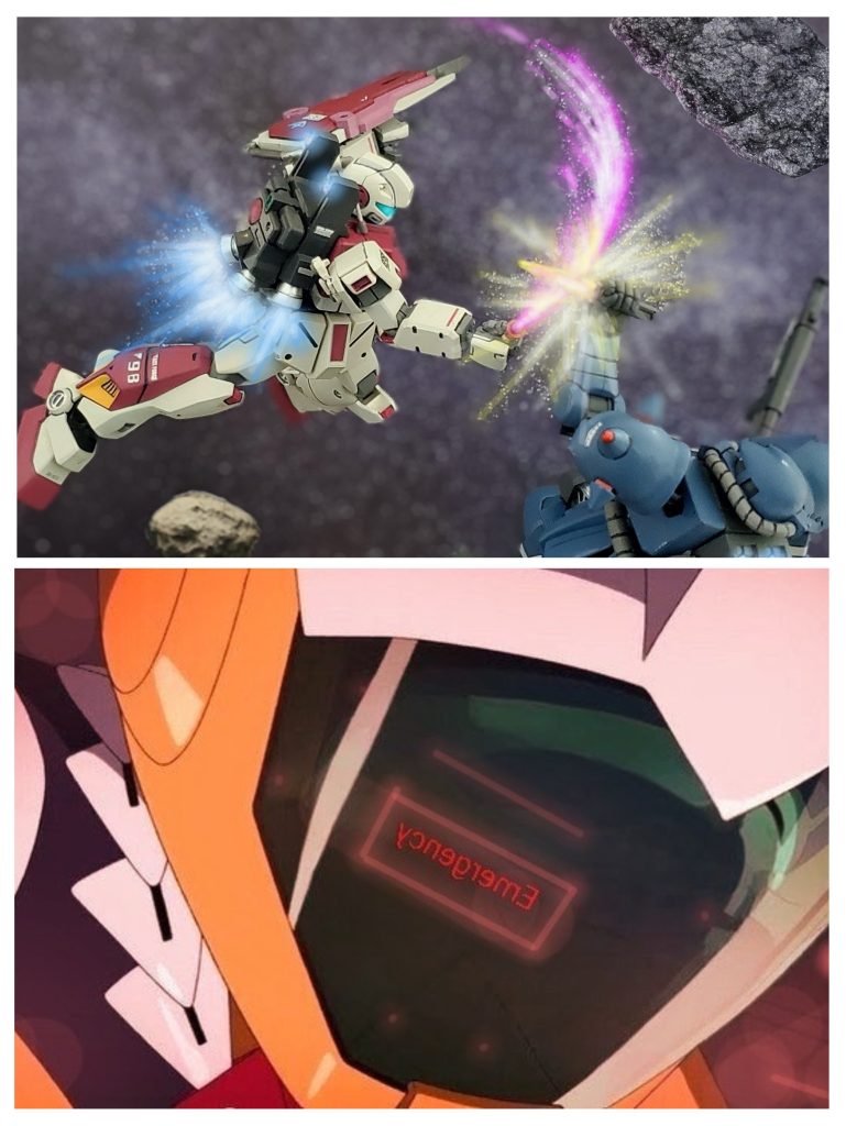 アンカーを破壊されても、疾風の如き連撃のビームサーペルで斬りかかるブラッドライン❕かろうじてヒートダガーを抜き斬撃を受け止める高機動型ザク‼️近距離での激しい斬り合いの応酬となるも一歩も譲らない両機。その戦闘の最中、長時間の稼働によりブラッドラインの機体各所は限界に近づき、コクピット内では警告ランプが点灯。計器類は異常を知らせ始める。怨念と闘争本能に駆られ、相手を撃墜する事しか見えていないシイコ少尉は、警報を無視するかのように戦い続ける。