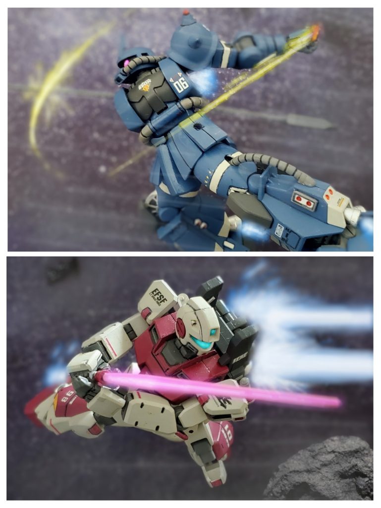 右腕を奪った代償と言わんばかりにヒートダガーで目の前のワイヤーを切断❗ブラッドライン自慢のアンカーを2本とも奪い取ってみせるザク‼️だがシイコ少尉はアンカーを放った瞬間にシールドを手放し囮にしていた。相手パイロットの気がアンカーに逸れている間に、死角へと回り込みビームサーペルを両手で構える。