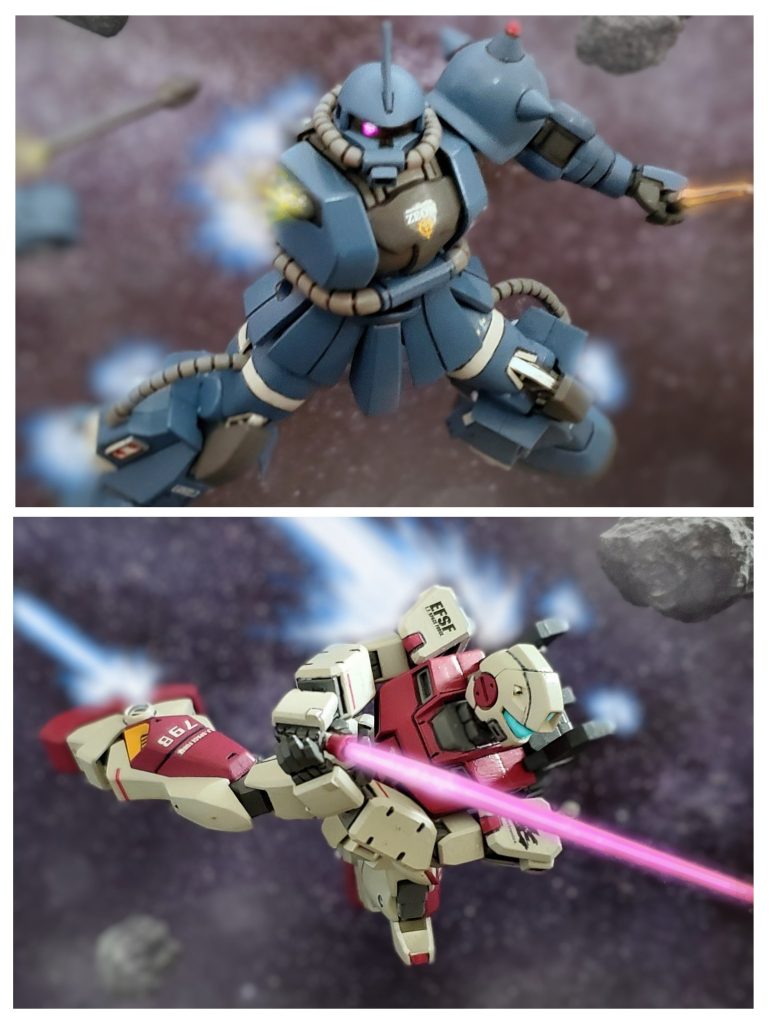 ブラッドラインをロストし索敵する高機動型ザク。この隙にシイコ少尉はバーニア全開でブラッドラインを加速させる。リーチ、タイミングとも完全に有利。『この一撃で仕留める❕』そう叫びながら高機動型ザクに迫るシイコ少尉。