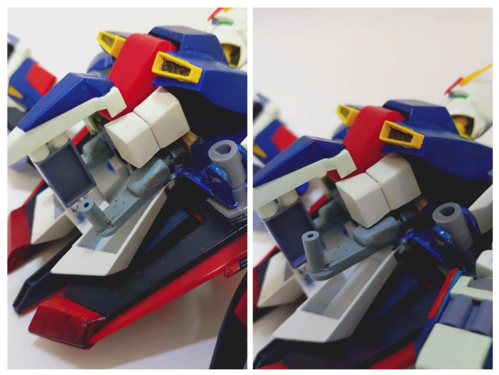 大きくいじったのは胸部くらいですが、一応、脚部の可動域を少しでも増やせないか？と考え、股関節部をボールジョイント接続に変更してみました。 これにより少しでも脚が前に出る動きができるかもと考えましたが…効果は微妙でした笑