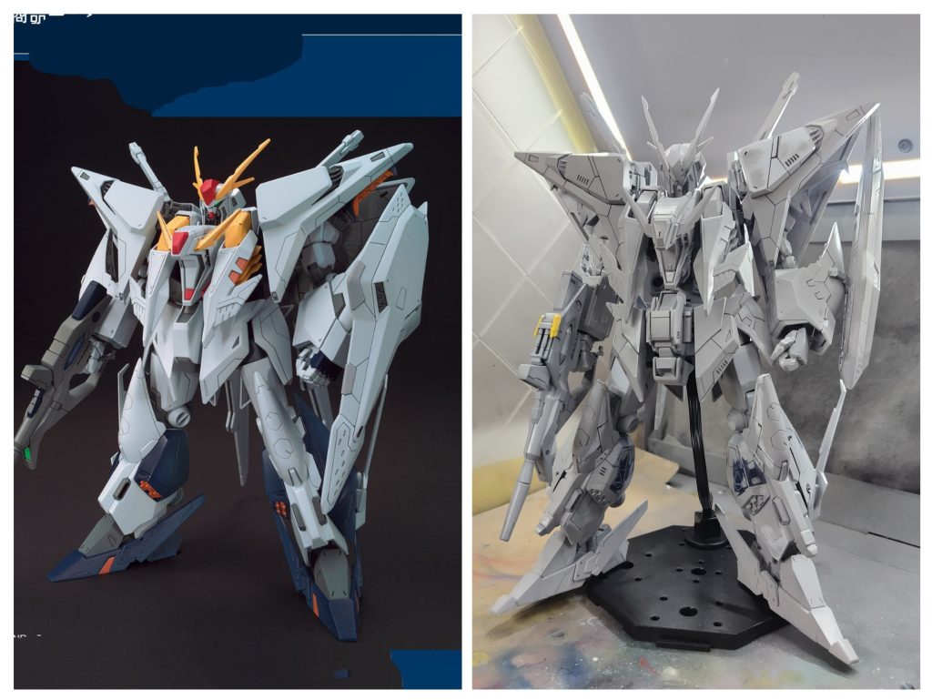 スタイル変更は主に胴体、太股、足首の延長および肩アーマーの取り付け位置変更にて上半身を絞りました。身長は少し伸びました。素組みとの比較写真です。