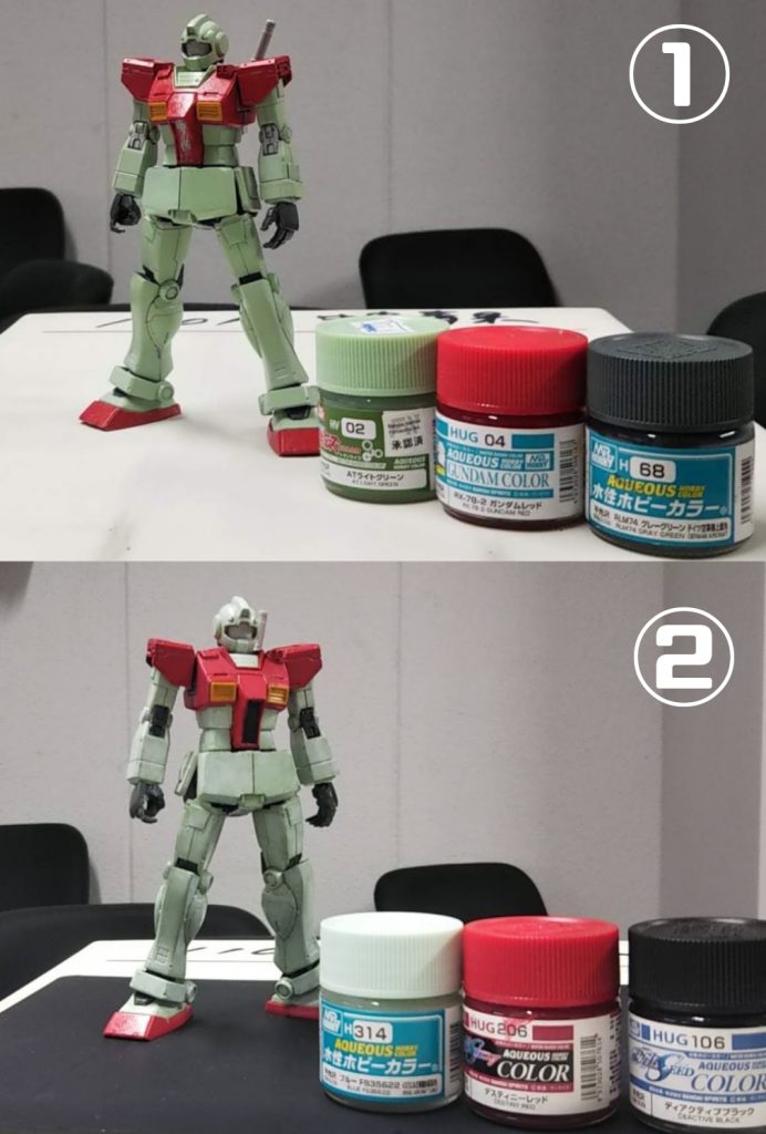 今回はグレーサフの上から①の水性ホビーカラーで一層目②の水性ホビーカラーで二層目