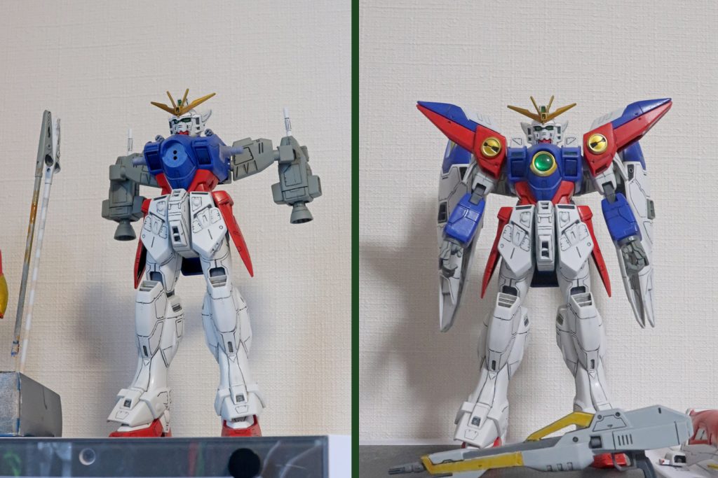 製作途中のプロポーションが分かりやすい素立ちの図を置いておきます。個人的には胸部をこの比率のままあと3%くらい拡大出来たらいいなと思ったり。いや頭部を2%くらい縮小した方がいいか…?(それが模型の難しいところ><)・使用した塗料など白部分はホワイト、赤部分はモンザレッド、青はコバルトブルー(80%)+インディブルー(20%)【ここまで説明書どおり】 以下は好みでアニメ寄りにしました。手首、バックパック、ウイングバインダー内部のグレー→軍艦色(1)バックパックのバーニア2基、膝関節、ふくらはぎのスラスター→パープルグレー(ガイアノーツ)ツインバスターライフル→ メイン:明灰白色(三菱系)(クレオス)銃口付近:グレー(ねずみ色)(クレオス)イエロー部分:シルバーの上にクリアーイエロー+クリアーオレンジ少量メッキパーツは基本そのままですがアンテナのみ一度溶剤で落としシルバーの上からクリアーイエロー+クリアーオレンジ少量。中央のレンズの凹みはシルバーの上から底面にのみクリアーグリーンを落としその上から積み過ぎない程度にレジンで穴埋めしました。ブラックライトを当てた時頭部のレンズ面がすべて光ると少しくどいかなと思ったのでメインカメラとカメラアイのみ蛍光イエローグリーンで塗装しました。シールド先端の二対の突起とレンズ上部は今は廃盤となったタミヤミニ四スプレー、ブライトゴールドを使用していた記憶です。(仕上がりが良かったのでリペアしなかった部分)股間のスラスターは説明書だとグレー(本作で言うところの膝関節と同じ色)になっていますが今回はアニメ準拠ということで白にしました。