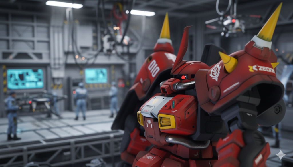 こちらは先日投稿したホビーハイザックです。整備ドッグに入れて、というお願いで背景を変えてもらっています。ただ、どうもMSと人のサイズ感というのがうまく覚えてもらえなくて、ちょっと人が大きいです。私の指示の仕方では修正しきれなかったですね。(zaku-kao8)