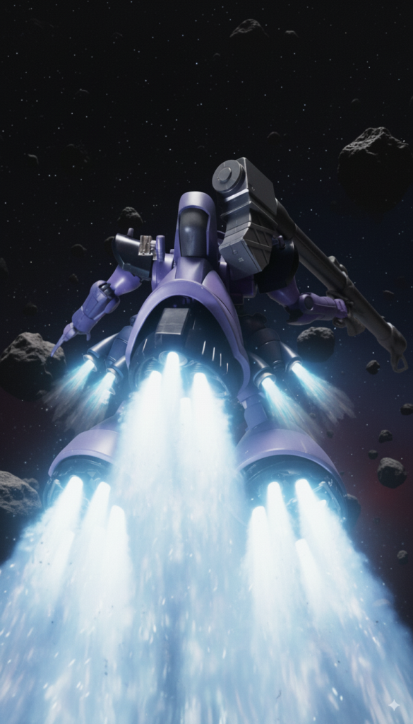 こんな感じのバーニア噴射エフェクトも描いてくれます。これもなかなか思ったところにエフェクトをつけてくれなくて苦労しましたが、ペイントツールなどで、元の画像に対して、エフェクトを追加してほしいところに手書きで赤線を引き、赤線をバーニアエフェクトに変えて、というお願いをして描いてもらっています。目印をつけることで、どこがバーニアかAIが認識しやすいと思われますが、とはいえ、うまくいく確率は低めでした。他にもっといい方法があるかも知れませんが…。