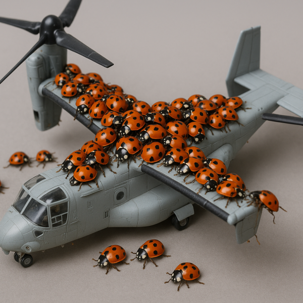 緑で囲った部分を後部延長しオープントップにして、オリジナルの兵器を山盛りに搭載したいです。AIで完成予想図をつくってみました・・・。デンドロビウムは描画できなかったので、代わりにオスプレイとテントウムシで表現しています。テントウムシは武装に置き換えて見てもらえれば、雰囲気は伝わるかと思います。…それっぽくは見えるんですが、正直このまま進めていいのか不安が大きいです。やりたいことは頭の中にあるけれど、出来上がったもので落胆させられるパターンも考えられます。最悪の場合はプランBに移行することも頭の片隅に置いておかなければなりません。（3枚目）