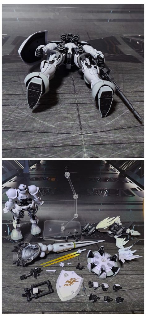 下からのアングルと、付属品一式。手首はHGUCジオン系から、左右握り手、平手、武器持ち手、右銃持ち手を用意して差し替え。特に、装備切り替え時の手首破損防止のため、ハクジとシールド支持アーム専用に、左右武器持ち手を1個ずつ余分に用意しました。装備にはHGCEゲルググメナースのビームライフル、30MFからシールド、30MSからシャープなデザインの翼(カナフ)を追加。カナフ専用にバックパックを追加で1個用意、穴開けしてポリキャップを埋め込み、メンテナンス用に翼の着脱を可能にしつつ差し替え対応としました。翼は宇宙ではAMBAC機動、重力下では降下・滑空に使う、ということにします。■塗装レシピ白：パーツ裏側に黒サフ→パーツ表側にグレーサフ→パープルヘイズ→光沢→つや消し翼白：パーツ裏側に黒サフ→(合わせ目消し)→パーツ表側にグレーサフ→パープルヘイズ→ベースホワイト→光沢→つや消し薄グレー：グレーサフ→明灰白色(三菱系)→つや消し金属色グレー：黒サフ→ブライトガンメタル→光沢黒：黒サフ→メタリックブラック→つや消しビームサーベル刃エフェクト：先端側にクリアイエロー→根元側にベースホワイト→全体に蛍光イエローモノアイ：市販シール素材と市販レンズ型パーツを使用→光沢ビームライフルセンサー：市販シール素材その他部分塗装、墨入れ：ガンダムマーカー各種→つや消し