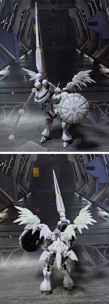 エグザベ専用ギャン(ハクジ・カナフ装備)の前後ろ。工作は、ゲート痕処理、エッジ尖らせ、パーティングライン・段ズレ・ヒケの対処、面出し、穴あけ、肉抜き穴埋め、合わせ目消し、市販パーツ貼り付け・埋め込みによるディティールアップを実施。肉抜き穴埋めは、後述の追加パーツ(翼)に実施。合わせ目消しは、肩関節、肘関節、前腕、ランス(ハクジ)、こちらも後述のビームライフルと翼に実施。脛の合わせ目については、合わせ目を軽く削って少し目立たせ、ディティールに偽装しました。併せて、関節軸には真鍮線を仕込んで補強済み。