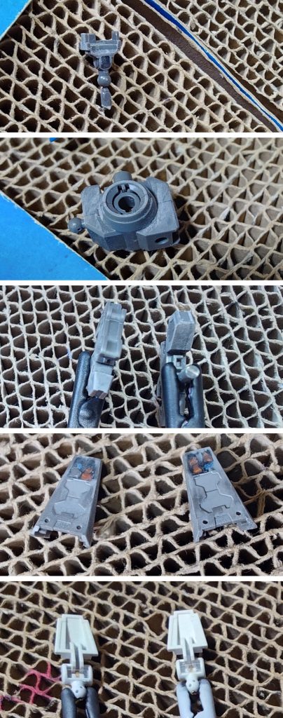 肉抜き穴埋め、合わせ目消しの様子。肉抜き穴埋めは首関節裏、足の爪先裏、爪先の接続部分裏の一部に実施。合わせ目消しは腰部、膝関節に実施。