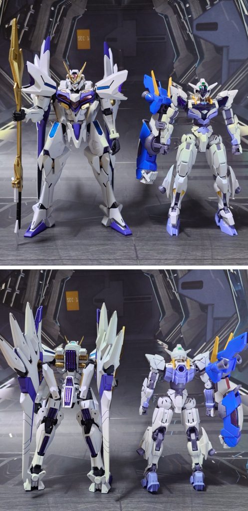 主人公機“ガンダムルブリスジウ”との比較。■塗装レシピ白:パーツ裏側に黒サフ→パーツ表側にグレーサフ→パープルヘイズ→キャラクターホワイト→光沢→つや消し紫①:黒サフ→パープル→光沢→つや消し紫②:黒サフ→メタリックパープル→光沢金:黒サフ→ゴールド→光沢関節類グレー:黒サフ→MSグレー連邦系→つや消しビームサーベル刃エフェクト:先端側にメタリックブルー→根元側にベースホワイト→全体に光沢頭部ツインアイ:黒サフ→光沢→ガンダムマーカー・光の翼ホロブルー→光沢頭部センサー:黒サフ→光沢→ガンダムマーカー・ガンダムメタブルー→光沢頭部・胸部シェルユニットクリアパーツ:光沢肩アーマー・腿シェルユニットクリアパーツ:メタリックブルー→光沢シェルユニット内部:キット付属シールに光沢オルタラブルバヨネッタ黒:黒サフ→光沢その他部分塗装、墨入れ:ガンダムマーカー各種→つや消し