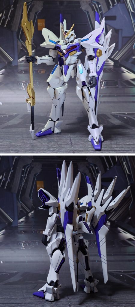 ガンダムナイオンの前後ろ。工作は、ゲート痕処理、エッジ尖らせ、パーティングライン・段ズレ・ヒケの対処、面出し、肉抜き穴埋め、合わせ目消し、市販パーツ貼り付け・埋め込みによるディティールアップを実施。サーベルグリップの収納ギミックは使う必要無しと判断し、カバーにある開閉補助のための突起を削り落としました。シェルユニット内部については稼働中の、赤いラインが浮かんだ状態のシールを選択して貼り付け。クリアパーツを塗装した肩、太腿のシェルユニットは殆ど透けず、中が見えないですが稼働中である、ということにしました。