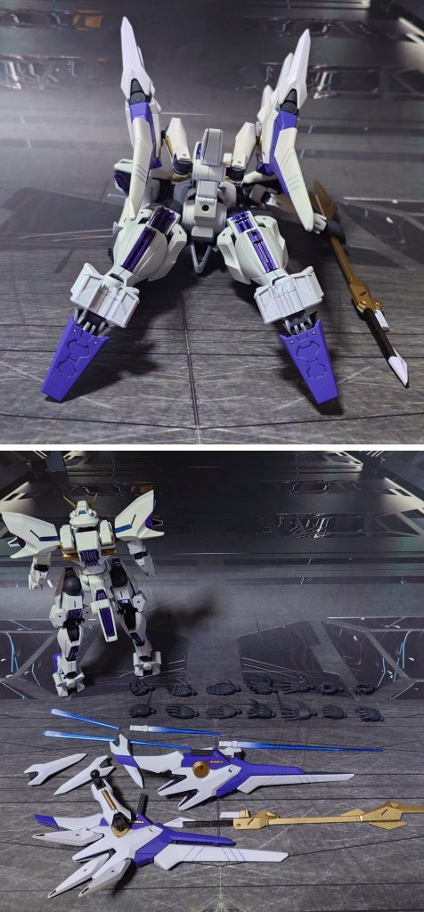 下からのアングルと、付属品一式。手首は他社パーツに置き換えました。