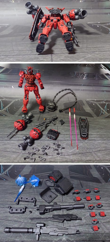 下からのアングルと、付属品一式。■塗装レシピ赤∶パーツ裏側に黒サフ→パーツ表側にグレーサフ→MSレッド→光沢→つや消し赤茶:パーツ裏側に黒サフ→パーツ表側にグレーサフ→ダルレッド→光沢→つや消し黒:黒サフ→メタリックブラック→つや消し関節類、ビットグレー:黒サフ→ブライトガンメタル→つや消→つや消しポリキャップ∶PPプライマー→ブラック→つや消し武器類グレー:黒サフ→ガンメタル→つや消しハンマーグレー:黒鉄色→つや消し頭部センサー青:黒サフ→シャインシルバー→メタリックブルー→ガンダムマーカー・光の翼ホロブルー→光沢シールドグレー∶黒サフ→呉海軍工廠グレイ→光沢→つや消しビームライフルセンサー黄:黄橙色→つや消しビーム刃エフェクト:先端側にメタリックレッド→根元にベースホワイト→光沢ビットエフェクト∶先端側にメタリックブルー→根本側にベースホワイト→光沢その他墨入れ・部分塗装:ガンダムマーカー各種