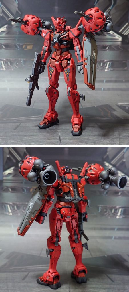赤いガンダムの基本形態で前後ろ。工作は、ゲート痕処理、パーティングライン・段ズレ・ヒケの対処、合わせ目消し、穴開け、市販ディティールアップパーツの貼り付け・埋め込みを実施。併せて、一部ディティールを削り落としてディティールダウンも実施。手首は30MMオプションセットのものに置き換え、元の手首よりかなり大きめですが、この方が好みなので問題無しとします。