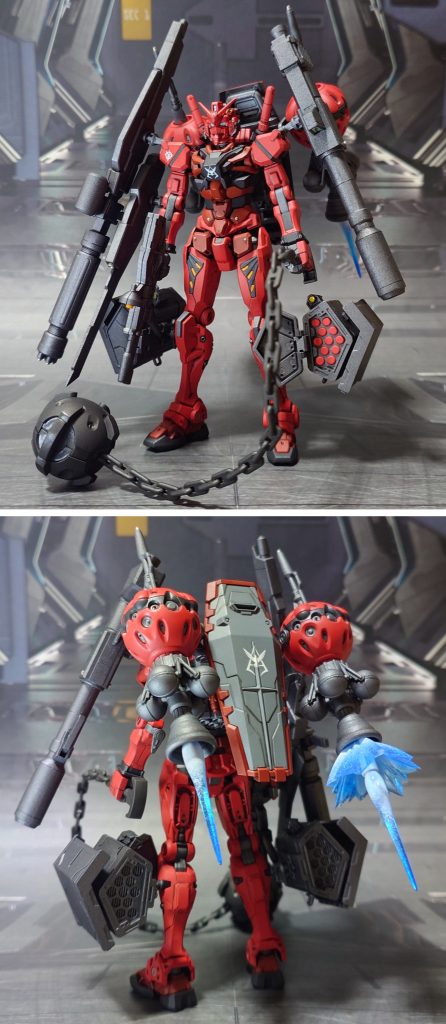 赤いガンダム、フル装備仕様+ビットのエフェクト付きで前後ろ。合わせ目消しは紅ウェポン各武器に実施。装備については、ビットをバックパックに取り付けたかったので、適当なジャンクパーツからラックを用意。ついでに、他社パーツからビットのスラスター噴射エフェクトを追加。塗装については、色分けパターンを少しアレンジして、濃い赤系で全塗装。追加武装については“あり合わせのポン付け感”を出すため、本体に合わせず、地味な金属色の単色としました。これで幻の最終決戦仕様、ということに仕立てて、出撃します。