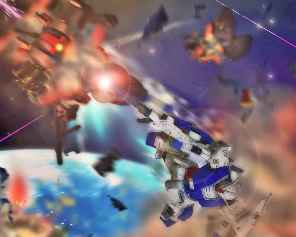 「…何だとっっ…!?」ガンダムはリック・ドムが仕掛けるのが分かっていたかのように反応する。そして電光石火の如く機動を描くと、リック・ドムが攻撃する前に至近距離からビームライフルを撃ち込んだ。その間、僅か10秒も満たず2機が撃墜される。モアにはあのガンダムが敵機を対象に間合いを読んで攻撃をしたのではなく、空間把握により物の位置座標を理解し攻撃しているように見えた。何故ならガンダムの動きはあまりにも迷いがない。(…ヤツは『普通』じゃない…!?)突然のゲームチェンジャーの登場とは言え、特務隊としてこの失態は極めて異例の出来事であった。モアは目の前の仲間がやられた事にも動揺せずギアを上げる。マシンガンを投げ捨てるとヒートホーク2丁に持ち替える。これを相手にするには探りを入れている余裕はない。全力でいかなければこちらが「やられる」