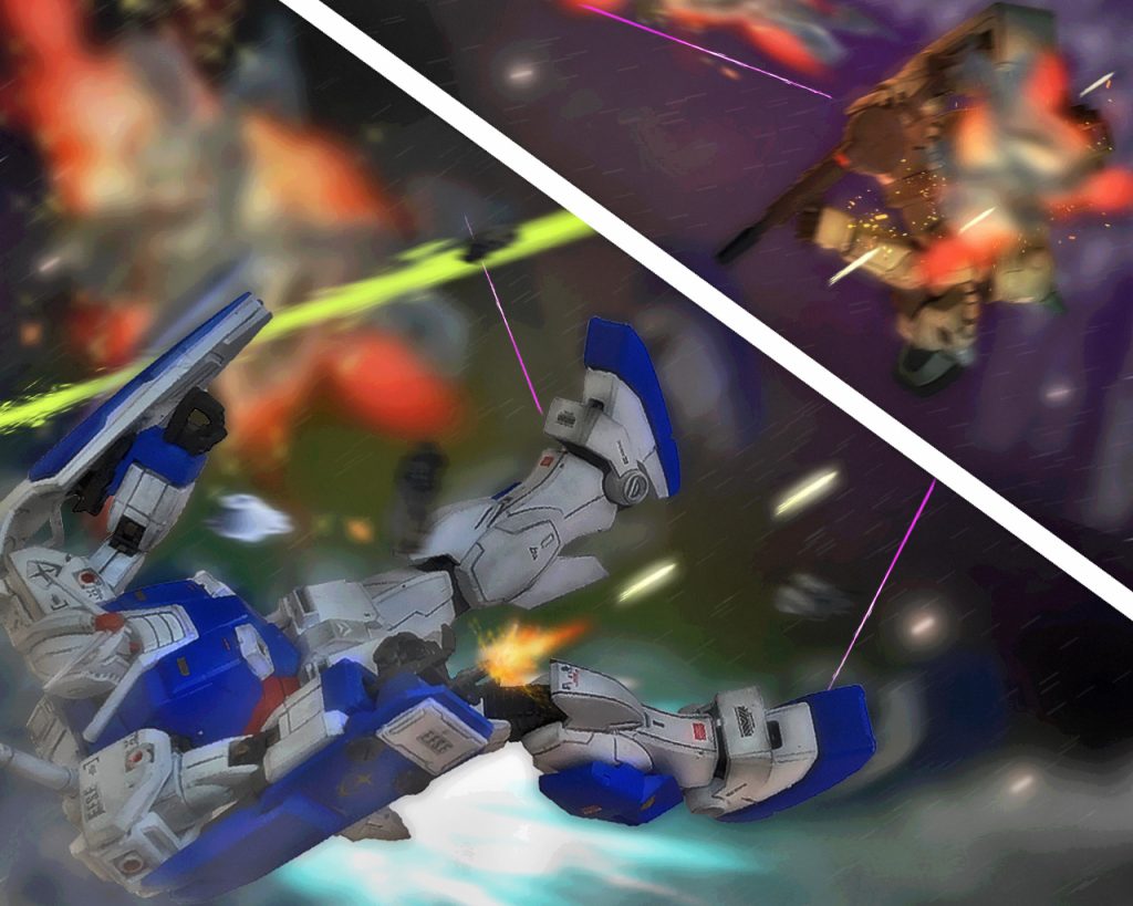 「…いつの間にっっ!?」ガンダムはこちらに距離を詰め僚機であるアーロンの高機動型ザクIIをビームライフルとは違う携行火器で撃ち抜いていた。それにより高機動型ザクIIは手脚をもがれ胴体が爆散する。(…なんて事!?)ロゼットは一定の距離を保ちつつビームライフルを撃つが何も無い空間を過ぎるばかりであり、それは狼狽え弾であった。高威力のメガ粒子砲と言えど当たらなければ意味がない。これに対しガンダムはロゼットへ狙いを決めスラスターを吹かした。他を寄せ付けない速さでロゼットに迫ろうとすると、そこへモアが仕掛ける。(この間合い…、取ったっ!!)モアはこれまで数々のMSを討ち取った近接格闘で斬りかかった。