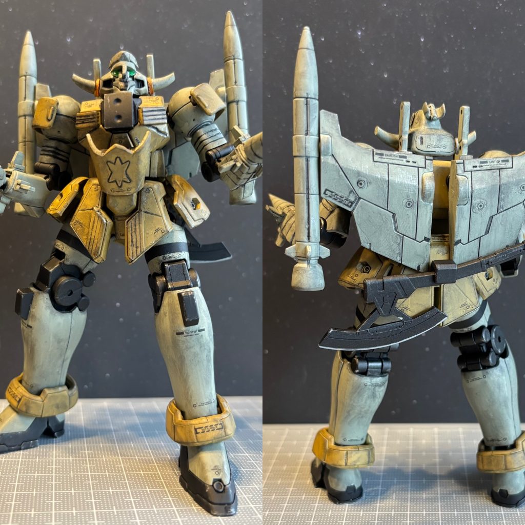 肩はレオンの余剰パーツ、背部は30mm、お腹は30mf、100均のブロックやプラ棒などで量産型風に近づけてみました。