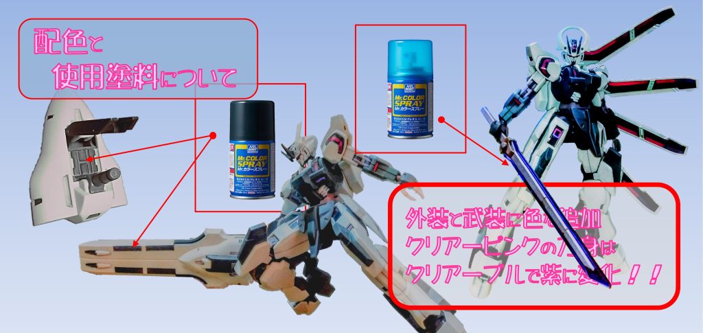 本体のシュバルゼッテの説明です。 基本的に成型色仕上げですが、外装と武装(多目的攻防プラットホーム『ガーディアン』)に色味を足しています。 装甲はグレーを足していますが、あまり目立った変化がなく、効果がなかったかもです。武装はレーザーの照射口と、カバー内部をネイビーブルーで塗り分けて、情報量を上げています。また、ガーディアンの中にはビームブレイドが内蔵されているのですが、キットはビーム刃をクリアーピンクの成型で、劇中ではブルーでしたので、少し変えました。 クリアー塗料による減法混色では、原理的にブルーは作れないので、クリアーブルーで、刀身を紫系の色に変化させてみました。塗り重ねの量で、赤紫→青紫になります。今回は青紫にして、機体のイメージカラーに合わせています。