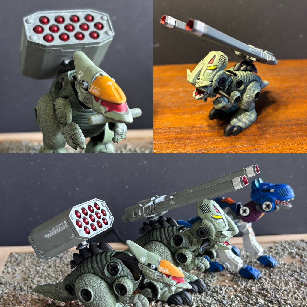 HGバクゥの余剰パーツと100均恐竜メカで旧型モビルフォースを妄想設定で製作しました(塗装はマルチミッチャクロン必須)。旧型アッカム:AdCAM(写真右上)ホーニック社製旧型バクゥ:BuCUE(写真左上)ゴムマット社製ホリック共和国(量産型ゲルグ製作設定から)樹立の際に活躍した第一世代のモビルフォース。※掲載してませんが旧型バクゥはデジラマできました笑。あと旧型アッカムは恐竜メカ上頭部を上下逆転、穴あけ➕余剰パーツでひげのおじさん風にしてみました。  