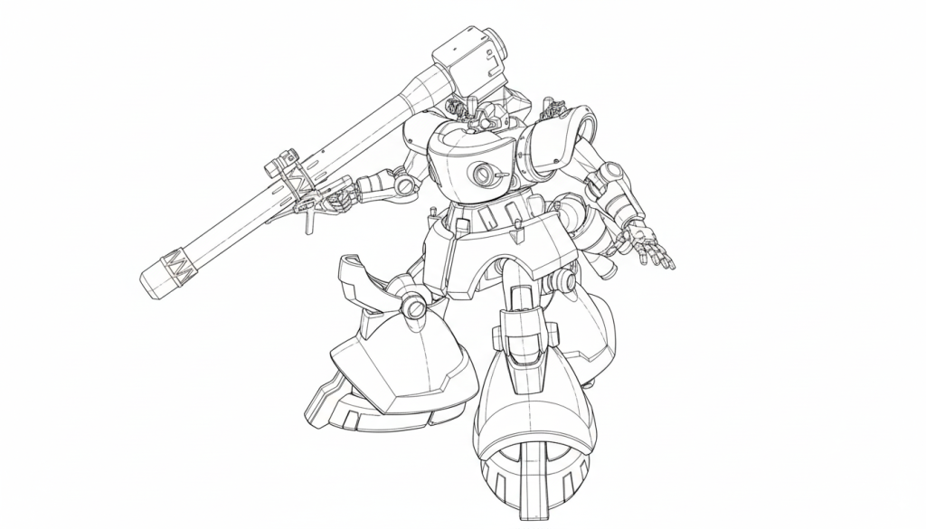 こちらはアップした写真を「線図にして」とお願いして作ってもらったものになります。キット次第だと思うのですが、このドムの写真で塗装済みのような表面にして、といくらお願いしてもnano bananaは全くもってプラスチックな質感を修正してくれませんでした。copilotに相談しながら、原因を探りましたが、AIが塗装されていない表面かどうかの判断ができずに変化が起きなかったようです。ならば、一度表面の情報を削除し、一から表面の生成をやってもらおうと、この線図を作り、そこから塗装済みにして、とお願いしたところ上手くいきました。ただ、配色は結構運任せなところはあります。細かく指示しても、なかなか指示通りに配色を変えてくれないので、何度も生成をやり直しました…。