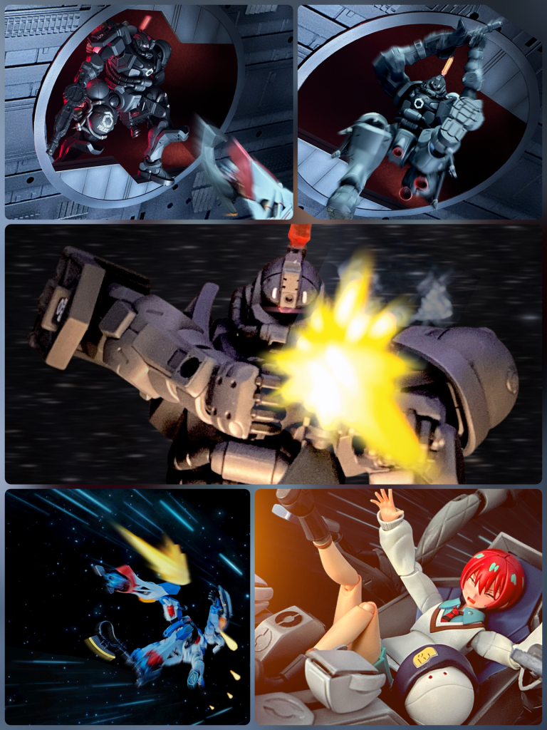 マチュ:うんぃい…止まらないぃぃい軍警アラガ:あいつ素人か…無駄な抵抗しやがって！宇宙に散れぇっっ！！マチュ:うわあぁあぁあっ！ (やらなきゃ…やられる！)