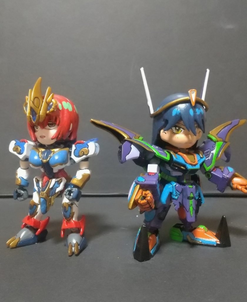 体はほとんどいじってません。前に作ったマチュと比べるとかなりゴツくなってしまいましたが、一応腰回りや足首のアーマーを減らしてスッキリさせています。足の甲がベタッとした感じに見えるのが気になりますね。でもこれくらい接地面積がないと頭の重みで立ってられない…