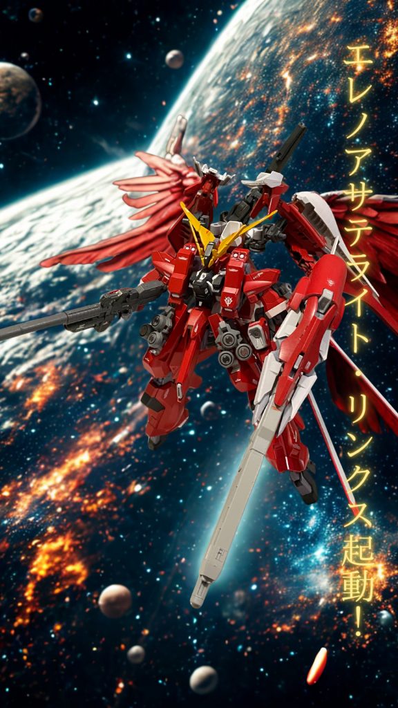 先ずはこの機能。エレノアサテライトリンクスシステム。一応必殺技みたいな感じで敵味方からは翼が生えたようなビジュアルに。一瞬だけです。頭部ブレードアンテナ開いたときにという設定で。