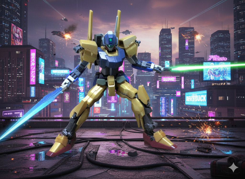 最後にジェミニに戦闘シーンを描いてくださいってお願いしたら気の利いたことにビームサーベルを持たせてくれました。 ヤリマスネェ〜(gandam-hand2)