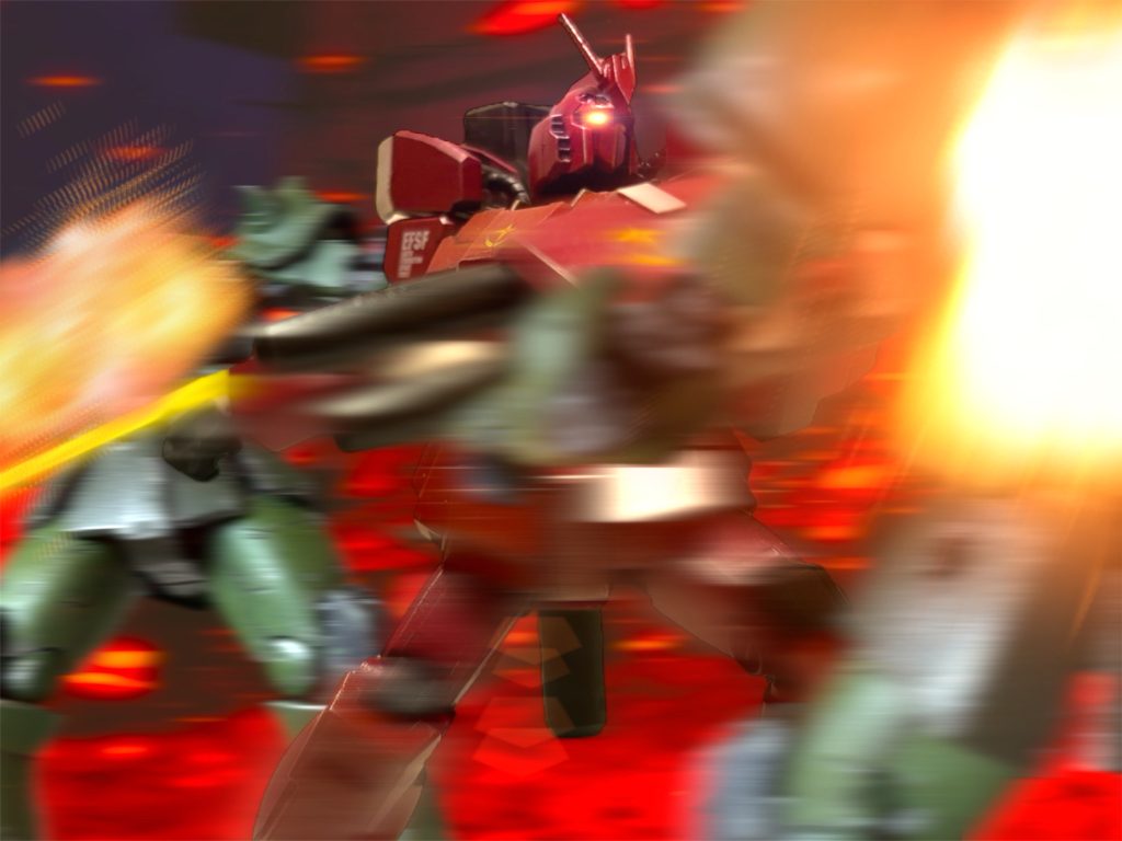 　着地した地点に、三方向からザクが三機、マシンガンを放ちながら殺到してくる。ガンダムの装甲ならば、ザクマシンガン程度は簡単に弾く。ジンはほとんど回避行動を取らず、正面からぶつかり、右腕側面に装備されたビームサーベルユニットから刃を伸ばし、まとめて薙ぎ払った。