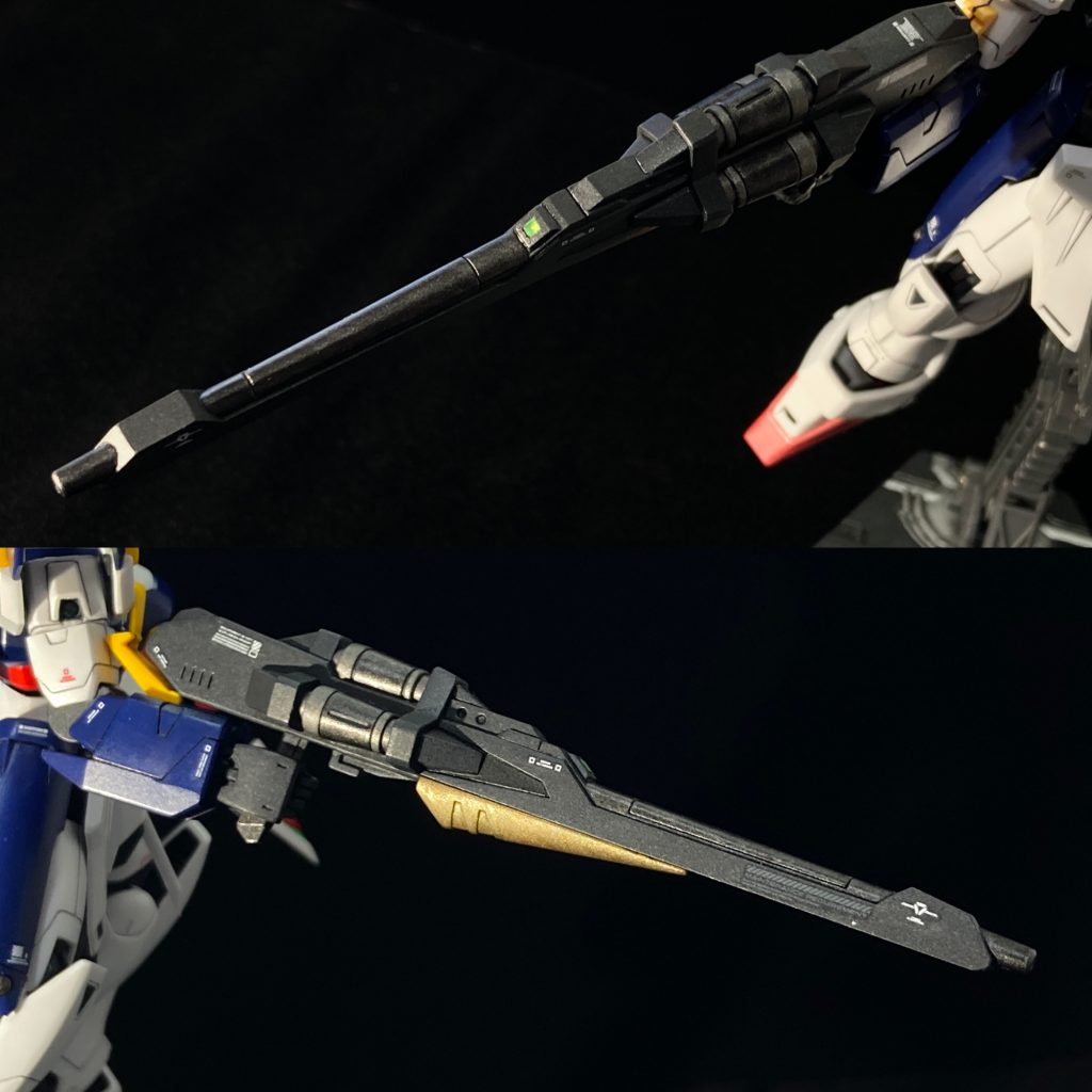 バスターライフル。5色のメタリックカラーを使い分けてのツヤ消しで狙った感じの色合いになってくれてうれしいかぎりです。