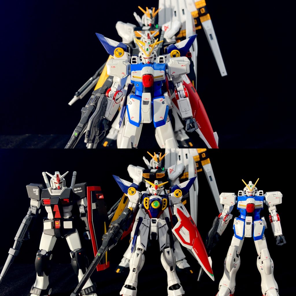 製作中になんとなく気付いてはいましたが、ウイングガンダムって小さいですね。おなじ1/144縮尺のガンダム達と比べてこの通り。宇宙世紀でいうところの、第二期MSとファーストの丁度中間くらいの大きさ。