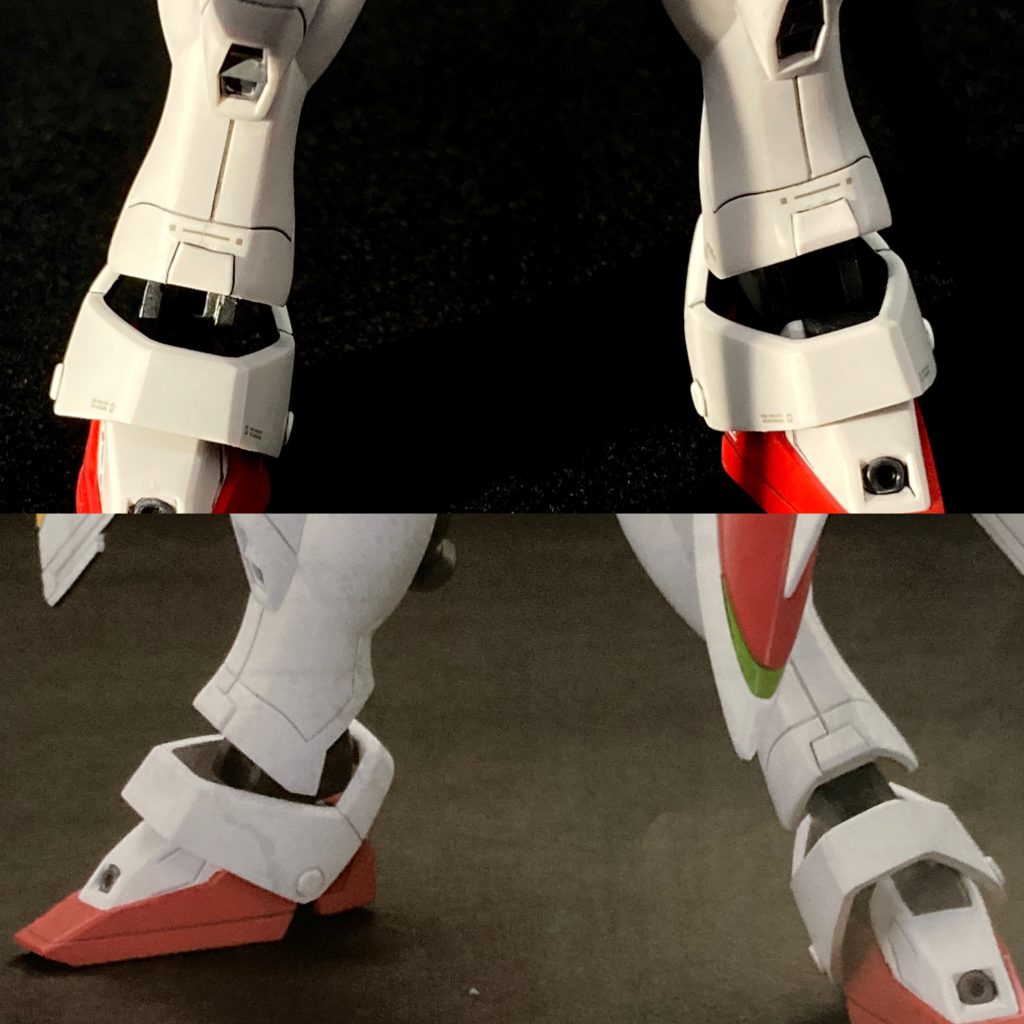 足の甲のパーツも末端の部分だけ段落ちモールド埋めてます。そして埋めた跡にデカール貼ってますが、最初は貼るつもりなかったんです。画像じゃ判りにくいですが、右足の方がスミ入れ時にケミカルクラック起こしましてね…トップコート吹いた後に気付いたもんですからごまかしのデカールという訳です。