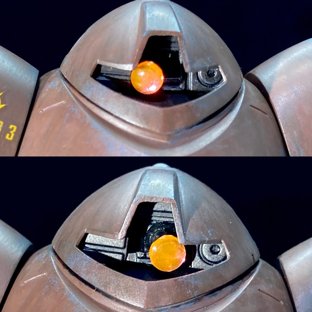 ここからは改造箇所を。Hアイズを使ったモノアイ可動と、併せて内部のメカニカル造形を。