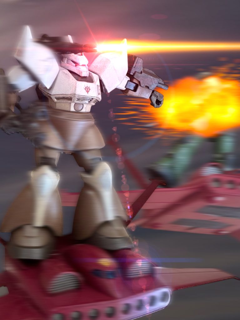 「いいよ、ジン!すごく良い!」 ジンが、取り付いたガンペリーの真横まで機体を滑らせると、カルアは、バックパックのビームキャノンを後続のガンペリーに向かって放つ。光の束は、ガンペリーを貫き、炎の塊に変えた。「ごめんね。」言ってから、カルアは機体の左腕のミサイルランチャーを放ち、隣を飛ぶドダイから、ザクを叩き落した。「使って、ジン!」 ジンに通信を送る。