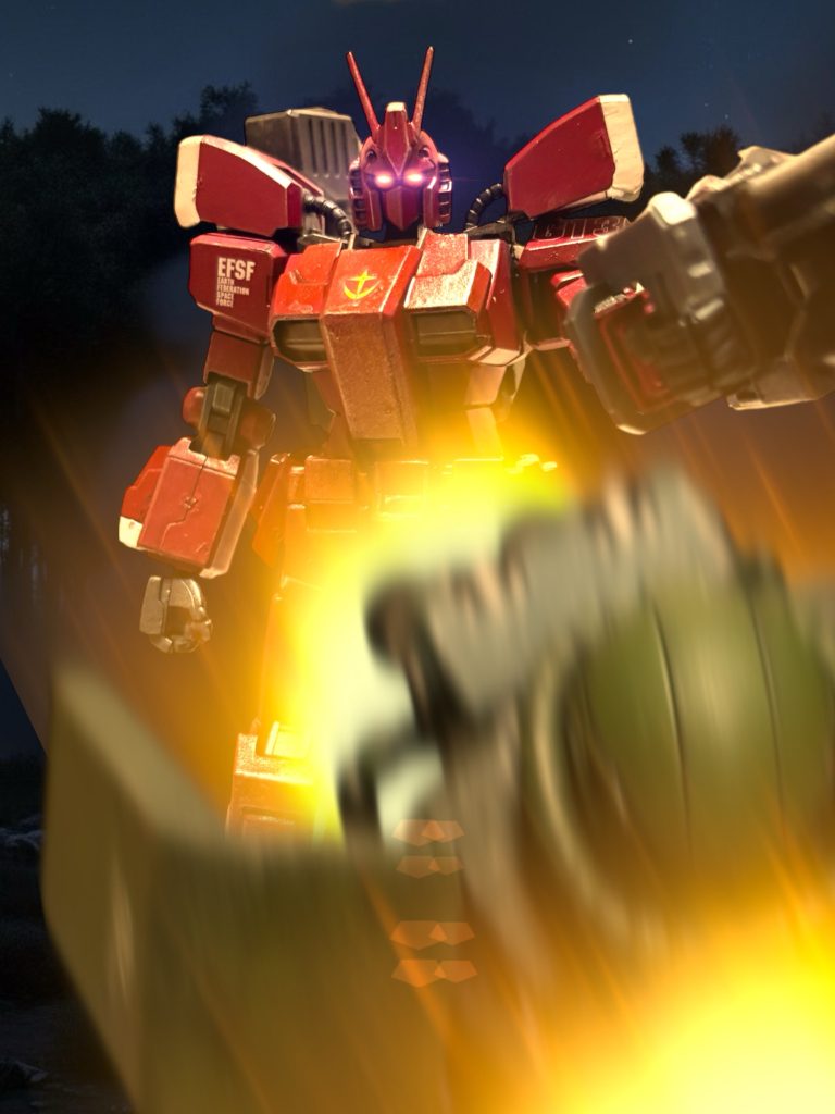 『助けてください、中尉!』 森の中に分け入るや、ザクが逃げるようにこちらに駆けてきた。後ろから、ゆっくりと、赤いMSが姿を表し、ザクを撃ちぬいた。 拠点に到達しているはずの敵を、守備に残した戦力と挟撃する算段だった。おそらく今撃ち抜かれたザクが、その守備兵力のザクだ。拠点は