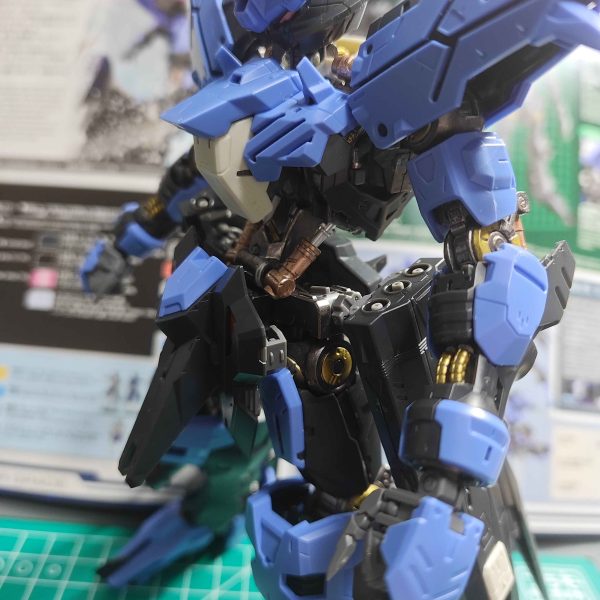 塗装した内部フレームに外装を装着しました。思った以上に内部フレームが隠れました。外装まで組んで確認してなかったので完全に自分のせいなんですが・・・でもチラ見えする部分はいい感じになってるんではないでしょうか。今は見えてる背中もこれから偽装エイハブリアクターで隠れるんだ・・・ まだまだゆっくりと完成までやっていこうと思います。青部分がちょっと明るすぎるかなと思ってるんでもう少し暗い色にしようかなーと。（2枚目）