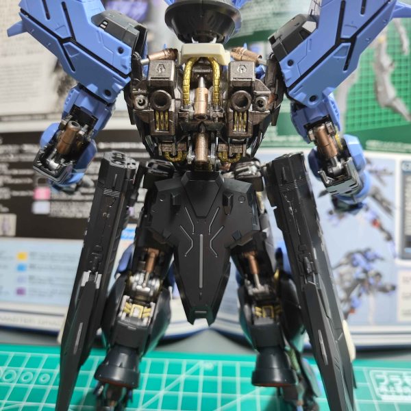 塗装した内部フレームに外装を装着しました。思った以上に内部フレームが隠れました。外装まで組んで確認してなかったので完全に自分のせいなんですが・・・でもチラ見えする部分はいい感じになってるんではないでしょうか。今は見えてる背中もこれから偽装エイハブリアクターで隠れるんだ・・・ まだまだゆっくりと完成までやっていこうと思います。青部分がちょっと明るすぎるかなと思ってるんでもう少し暗い色にしようかなーと。（3枚目）