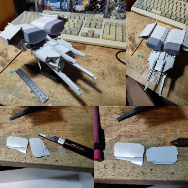 さて、いきなりディテールやスジボリに入るわけではなく、まずはコンセプトに沿った改造に着手しました。※コンセプト自体は完成まで伏せるので、ここでは改造部分の記録だけを書いていきます。もし途中で「もしかしてコンセプトはこれか？」と気づいた方がいたら、ぜひコメント欄から教えてください。ただ、今までに、このコンセプトで作られた作例を私は見たことがありません（笑）。前置きついでにもう一点。「みんなを驚かせたい」からではなく、あくまで「自分が作りたい」から作る。それが今回の制作の一番大きな動機です。制作日記はまだ慣れていないので、形式に間違いがあったらご容赦を。「この人はこういう風に改造を進めているんだな」と軽く見てもらえれば嬉しいです。その時の気持ちや考えも出来るだけ残しておきます。 改造ポイント①：砲塔短縮おもむろに砲塔をカット。目分量でマスキングした位置までが13mm。ここに砲塔キャップが付く予定です。戦車で言えば「IV号戦車F型が最高」と思っているタイプなので、砲塔は短い方がカッコいい。バランスは計算せず、その時のフィーリングを重視。主軸との接続に隙間が出そうですが、どうにでもなるでしょう。 改造ポイント②：武器コンテナオープントップ化「どうしたらオープントップにできるか？」とキットを眺めまわして検討。単純に開けても搭載量は増えなさそうなので、延長できるかも思案しました。結果、後部を延長することで100点のデザインが105点に化ける！ と思い、マスキングテープでトレースし、すぐにモックを作成。・15mm延長と30mm延長の2種類をプリンターで作成・当初は30mmが本命、15mmは当て馬・実際に差し込んでみると「20mmが一番しっくりくる」と判明・30mm案はこの時点でリタイアスケッチと立体では印象が全く違うので、モックを作る意味は大きいです。（以前はプラバンや厚紙、紙粘土を使っていました）中央2基のコンテナだけをオープントップ化し、そこに延長を加えます。サイドコンテナの裏蓋も加工して一応形に。どの角度から見てもバランス良し、脳汁ドバッと110点のナイスデザイン賞です。 改造ポイント③：前部ハッチエンペラ部分を取り外してシンプル化。理由は単純で、好みではないデザインだったのと、MS本体を隠したくなかったから。 今日のまとめ今日は実際の工作よりも、キットを眺めて考える時間の方が長かった気がします。ただ、改造工作の全体像は見えました。不安材料：オープントップ加工がうまくいくか新規造形部分と既存パーツの接続精度そもそもオープントップが正解なのか？武装を山盛りに載せる姿が「カッコいい」のか「わるい」のか次回は、不安の多いオープントップ加工は後回しにして、合わせ目消しの作業箇所を確定していきます。お疲れさまでした！（3枚目）