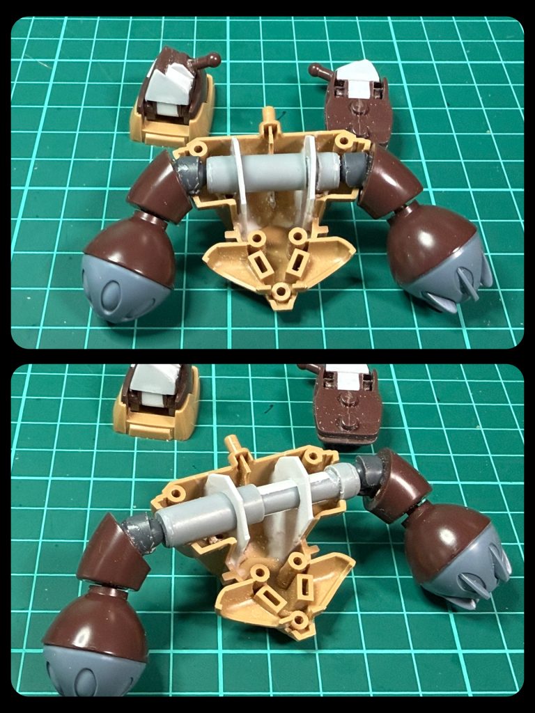 引き出し式肩関節の構造です。スライド構造は丸パイプより角パイプを使うほうが無駄に回転しなくて良かったと後で気づきました。あと、足の付け根をダブルボールジョイント化しなかったのはちょっと後悔してます。