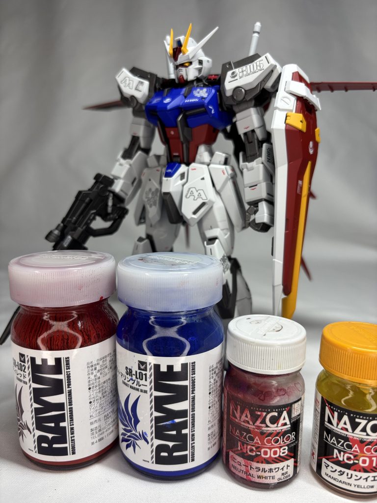 外装:(白)グレサフ→ニュートラルホワイト、(青)グレサフ→コバルトマリンブルー、(赤)グレサフ→ブラッドレッド、(黄)グレサフ→マンダリンイエロー、(黒)黒サフフレーム:ガンメタサフ+黒サフトップコート:スーパースムースクリア