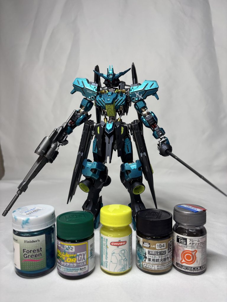 外装:(緑)黒サフ→フォレストグリーン+ピーコックグリーン、(黒)黒サフ→ガンブルーメタリック、(黄緑)青サフ→レモンイエローフレーム：黒サフ→フレームメタリック2トップコート:スーパースムースクリア