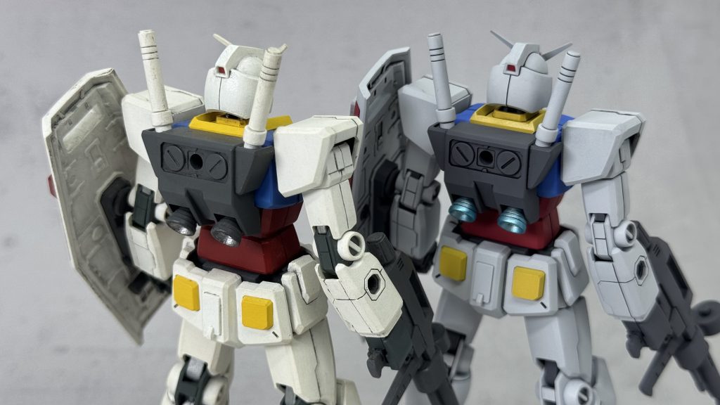 7〜8年前に筆塗りで作ったガンダムと比較筆塗りとエアブラシ塗装の差を考えても、今回のガンダムの方がエッジに沿った陰影のつき方がシャープに見えますね。墨の入り方も全然違う...🙄