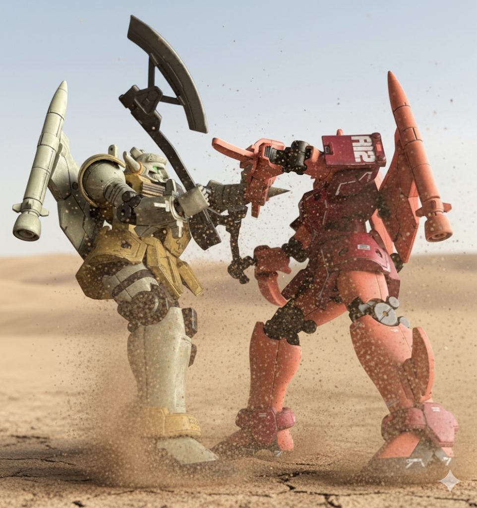 ジオラマはグーグルのジェミニで背景を砂漠、砂煙をあげてとお願いした結果です。最後までお付き合いいただきありがとうございました。