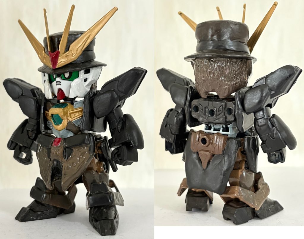 最近小生はインディ・ジョーンズとガンダムXにハマっており、アルセーヌガンダムをなんとかインディっぽくできないかと考えた。一見似て非なるアルセーヌガンダムXとインディ・ジョーンズだが取説のキャラ設定を見るとトレジャーハンターという肩書きが書いてあり、「ぶっちゃけルパンよりインディの方が合うんじゃね?」と思い、改造。機体もXからDX(ダブルエックス)に変更した。改造ポイント・帽子をシルクハットからフェドーラ帽に改造。・華やかなディティールもインディの纏うジャケットらしく地味なものにしてパテ盛り。・カラーリングもDXを意識しつつ、インディの服装に合わせたものにした。・サテライトキャノンは背中に装備せず「超古代に作られたオーパーツ」にする。以上のポイントを踏まえて大改造した。・後頭部には髪の毛のモールドをパテで追加。