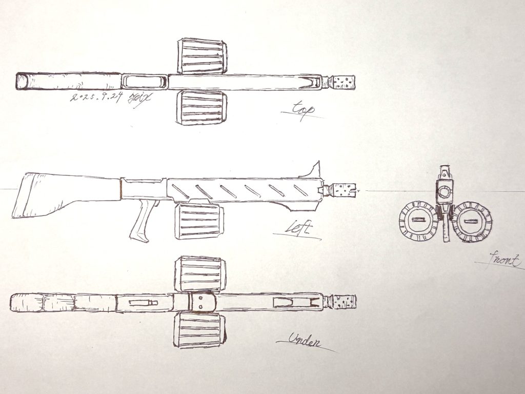 コマによっては細かな部分で統一感がないため💦。確認出来る部分で、カッコいいと思うシーンを参考にして図面を起こしました。見えない部分については私のオリジナル解釈です。ドラムマガジンライフルと題を打ちましたが、果たしてこの銃がマシンガンなのか、ショットガンなのか、私の解読力では分かりませんでした。