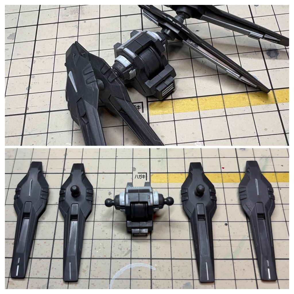 バックパックの羽の軸にはプラ板を無理やり巻いてます