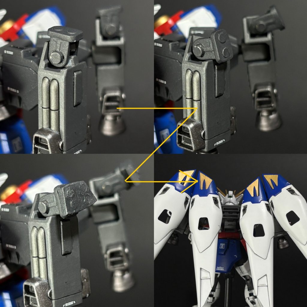 こちらバインダーの展開方法。左上から順に、①ネオジム磁石で着いていたウイングパーツを取り外す。②バインダー基部を倒す。③バインダー接続用のネオジム磁石を仕込んだパーツをくっつける。④③のパーツとバインダー側のネオジム磁石部をくっ付ける。開閉機構は諦めて、HGらしく差し替えでの再現としました。使用したネオジム磁石はWAVEの3.0mm×8個、2.5mm×8個、2.0mm×16個。磁石代だけでキット代に匹敵しそうです(gundam-kao5)