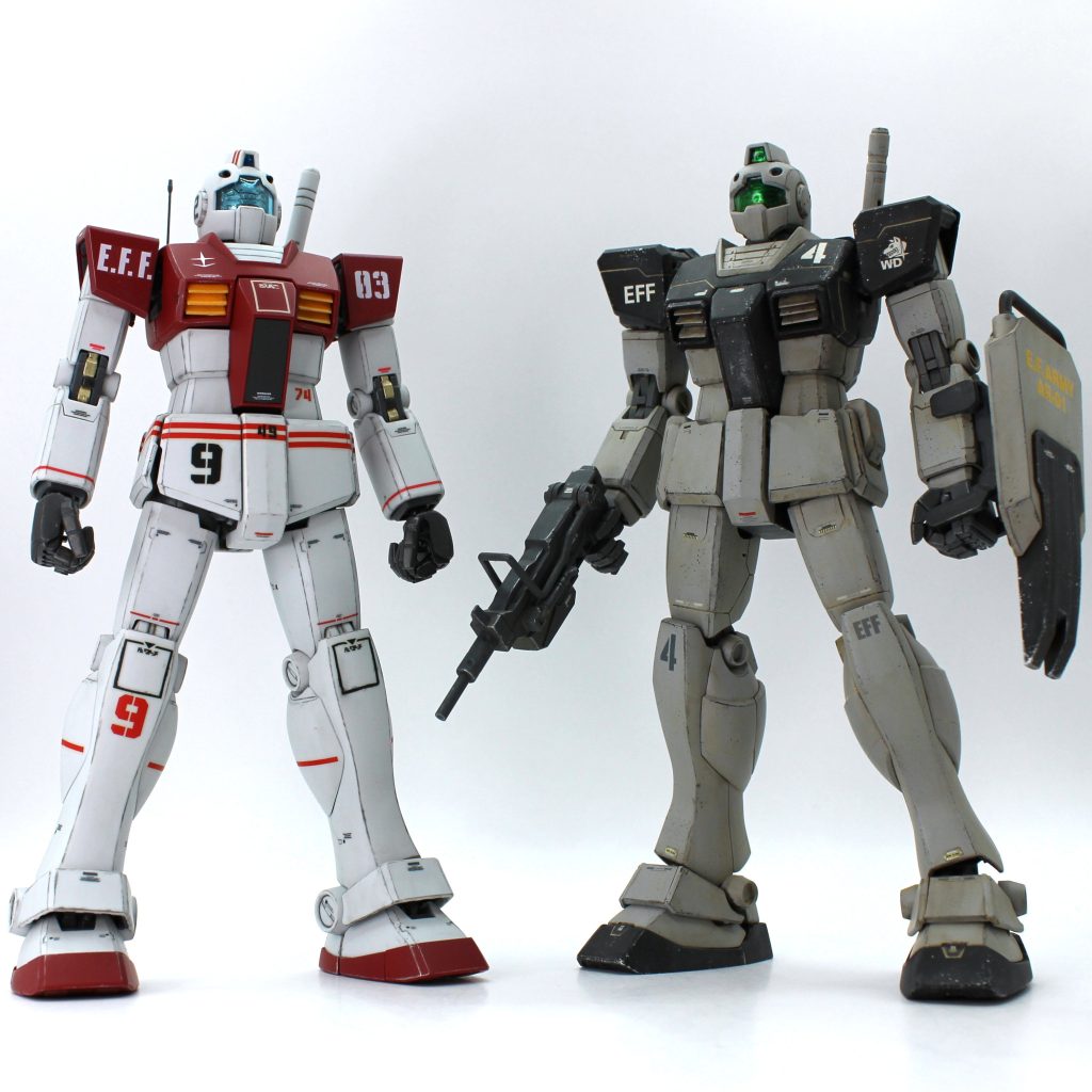 以前制作した1.0ベースのWDジムと記念撮影。WDジムは上半身が後発のOYWガンダムとミキシングしてマッチョになってますが、1.0と2.0はまるで方向性が違くて面白いですよね。どちらも甲乙つけがたい名キットだと思います。