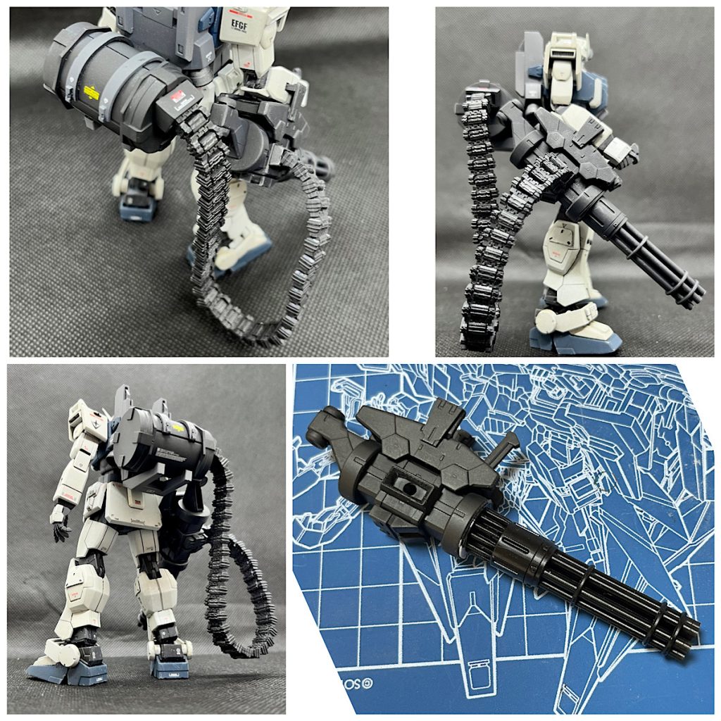 ガトリングガンはバンダイのジャイアントガトリングをベースにKOTOBUKIYAのベルトリンク、市販パーツなどでディティールアップしてます。